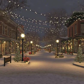 Snowy Town Street Decorated for Christmas
