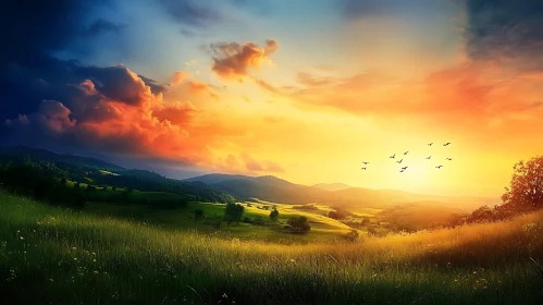 Picturesque Sunset Landscape with Birds