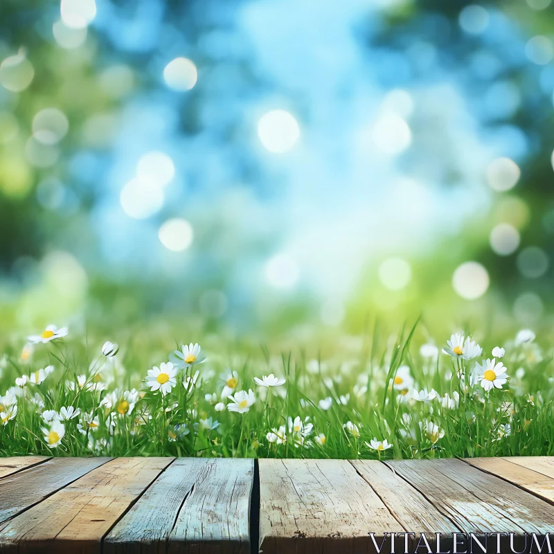 AI ART Tranquil Daisies and Wooden Deck View