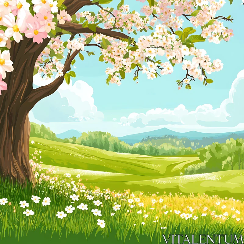 AI ART Pastoral Scene with Flowering Tree and Green Hills