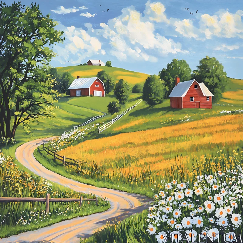 Rural Landscape with Blooming Daisies AI Image