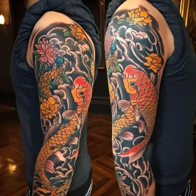 Vibrant Koi Fish Tattoos with Floral Elements