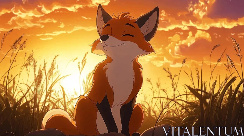 Fox in Golden Sunset Cartoon AI Image