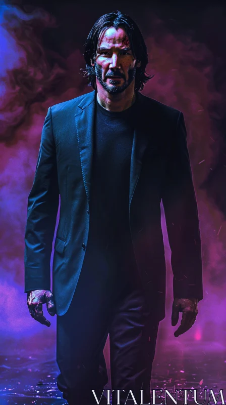 Keanu Reeves in Dark Suit Surrounded by Smoke AI Image