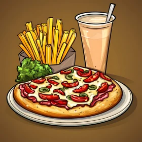 Fast Food Meal Illustration: Pizza, Fries, and Drink