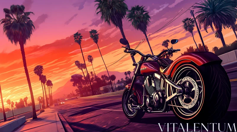 AI ART Motorcycle at Sunset with Palm Trees