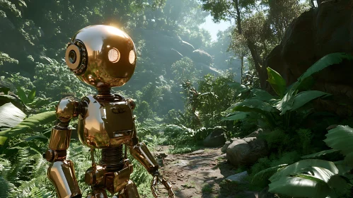 Golden Robot Amidst Greenery