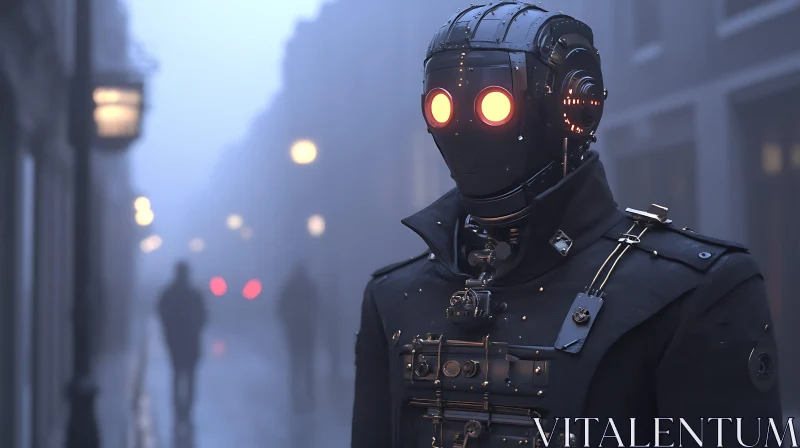 Futuristic Robot in Misty Urban Setting AI Image