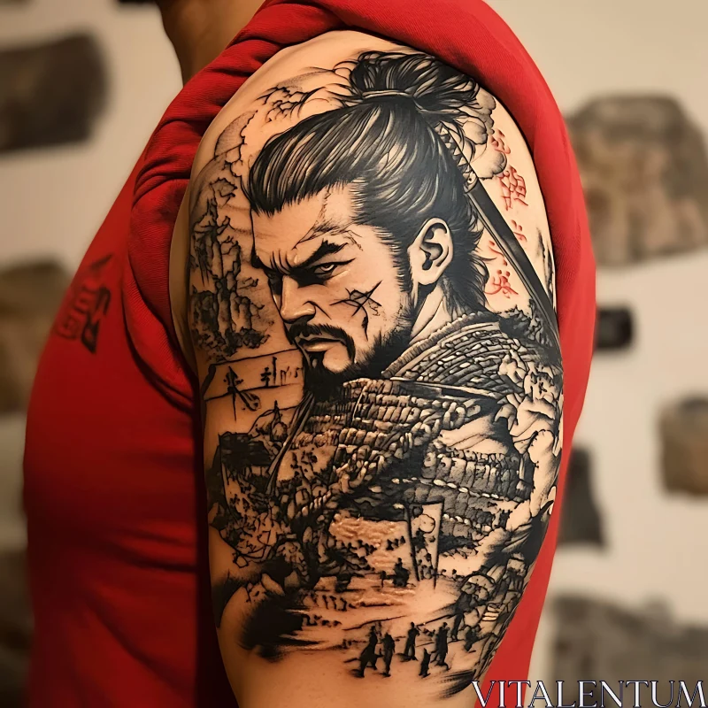 Detailed Black Ink Samurai Arm Tattoo AI Image