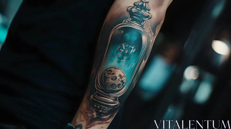 Detailed Arm Tattoo of Antique Glass Bottle AI Image