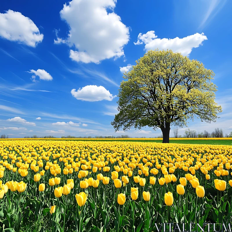 Field of Yellow Tulips and Tree AI Image