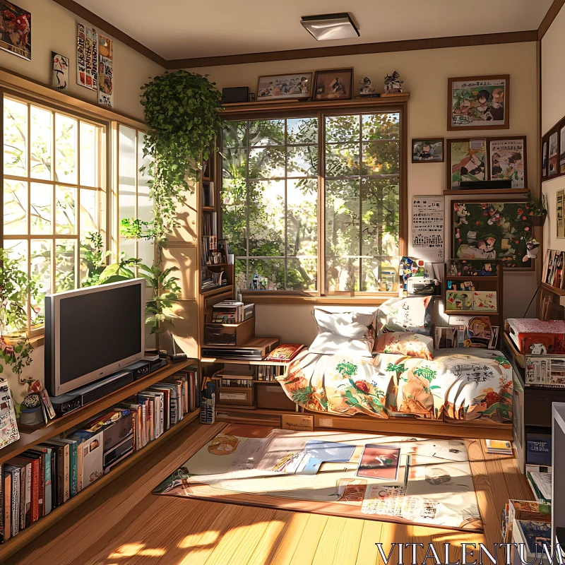 AI ART Indoor Room with Plants and Books