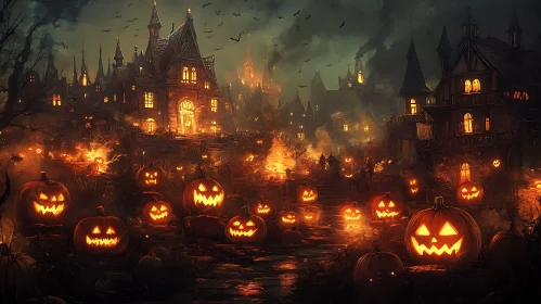 Halloween Night Scene with Pumpkins