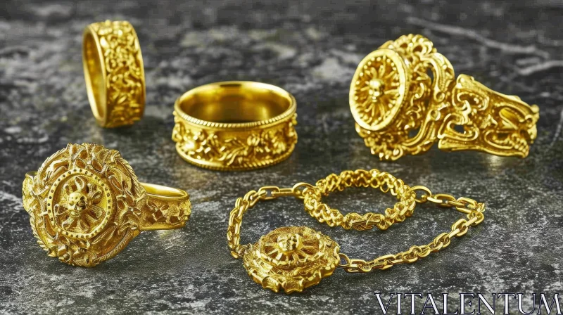 Elegant Gold Jewelry Collection - Rings, Bracelet, Gemstones AI Image