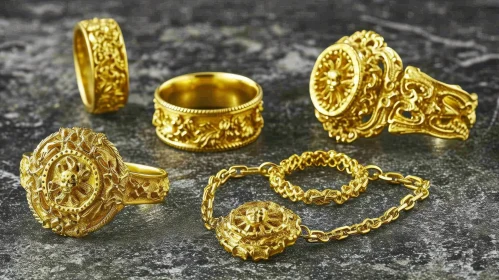 Elegant Gold Jewelry Collection - Rings, Bracelet, Gemstones