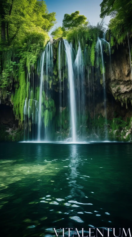 Enchanting Waterfall in a Green Forest - Nature Photography AI Image