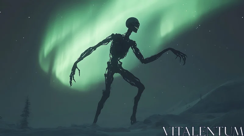 AI ART Skeletal Figure Under Northern Lights