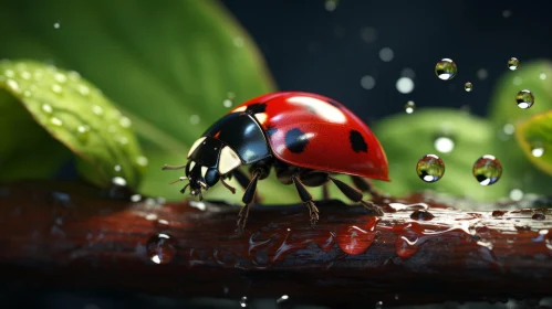 Ladybug on Branch with Rain Drops - A Blend of Realism and Surrealism