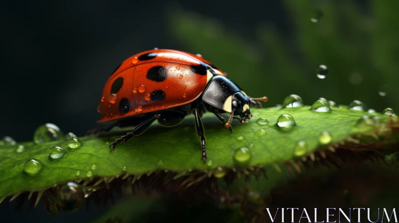 Ladybug on Leaf with Raindrops - Detailed Rendering AI Image