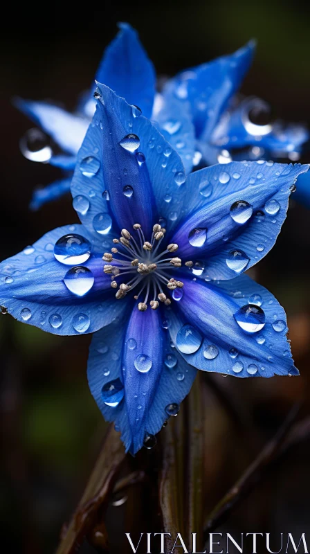 Mythic Blue Flower with Raindrops - A Study in Contrast AI Image