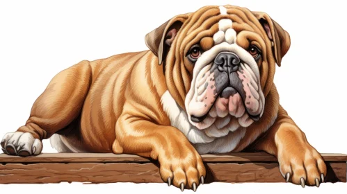 Realistic Cartoon Bulldog Lounging on Wood - Detailed Artwork