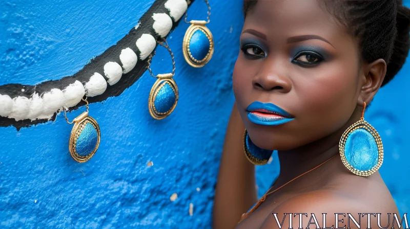 Stunning African Woman with Blue Makeup and Traditional Jewelry AI Image