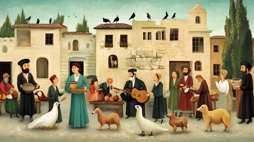 Serene Jewish Village Celebration Painting