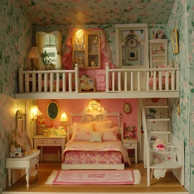 Miniature Floral Bedroom Dollhouse Scene