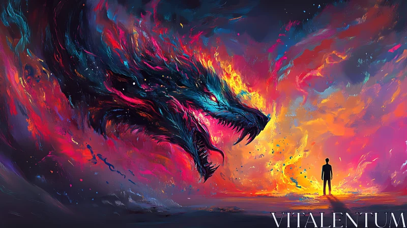 Man Facing Dragon in Colorful Landscape AI Image