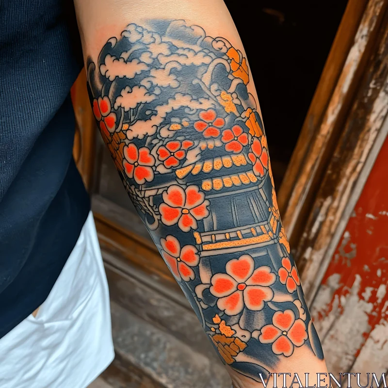 Traditional Japanese Temple with Cherry Blossoms Arm Tattoo AI Image