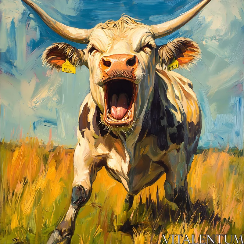 Longhorn Cow in Grassy Field AI Image