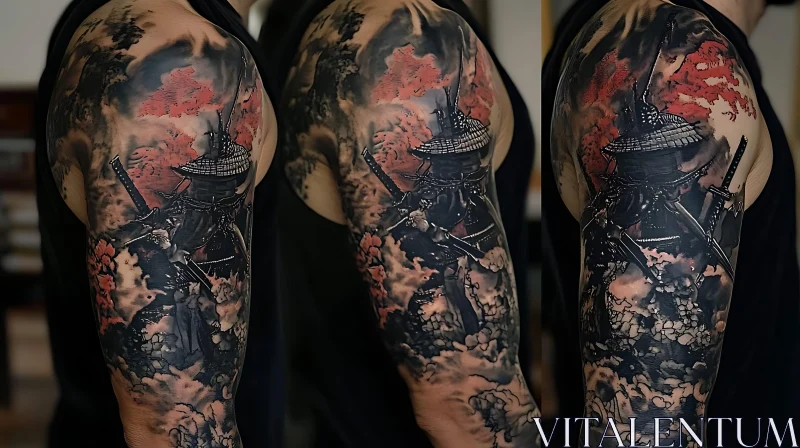 Intricate Samurai Tattoo with Blossoms AI Image