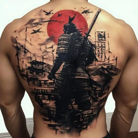 Samurai Warrior Back Tattoo with Red Sun