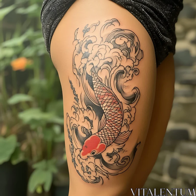 Artistic Koi Fish Tattoo on Leg AI Image