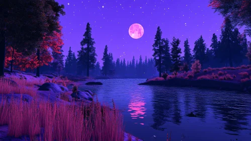 Serene Nighttime Forest with Full Moon