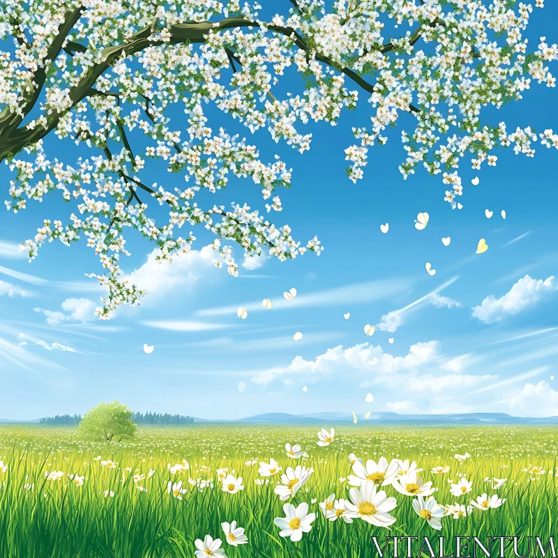 AI ART Spring Meadow with Blossoming Tree