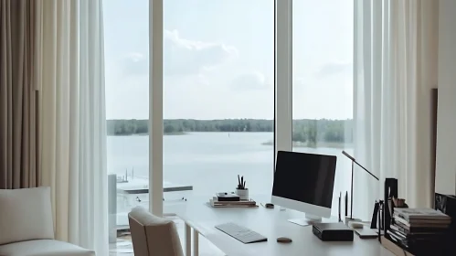 Minimalist Office with Lake View