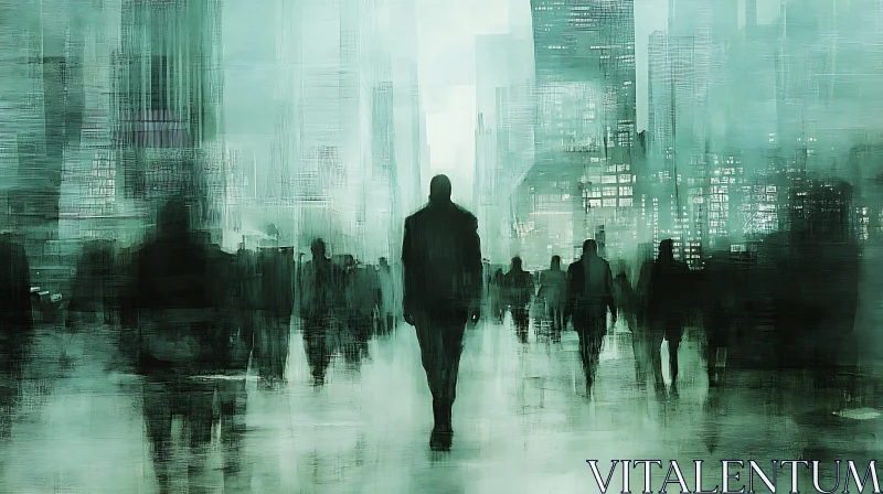 AI ART Urban Teal: A Cityscape of Anonymous Figures