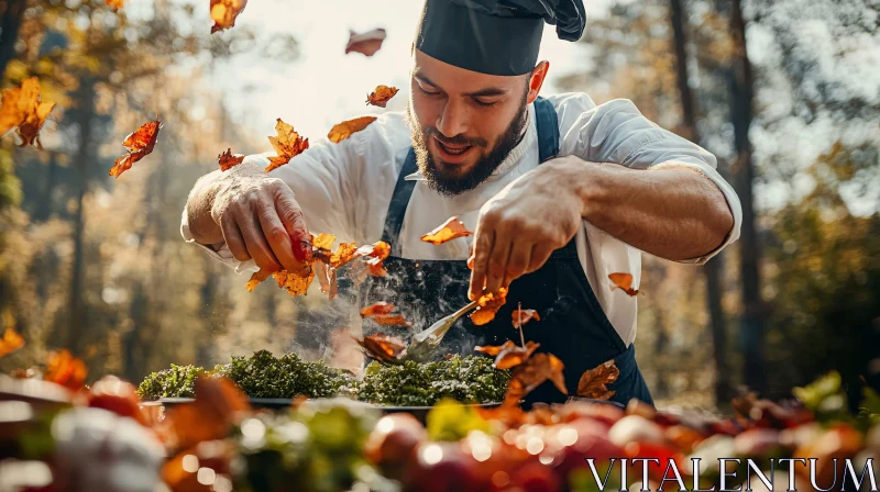 Chef Cooking Outdoors Amidst Autumn Leaves AI Image