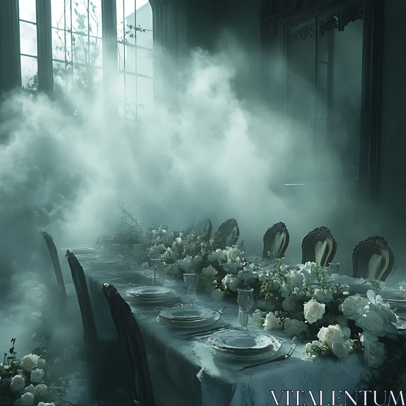 Foggy Table Setting with White Roses AI Image