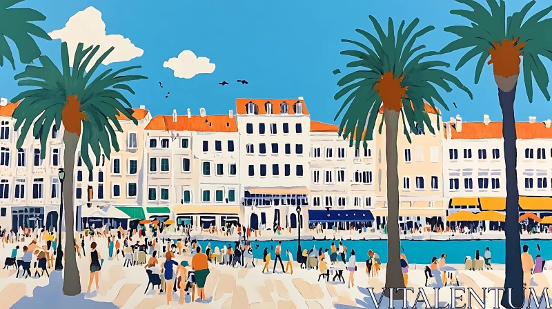 AI ART Lively Waterfront Scene with Buildings and Palms