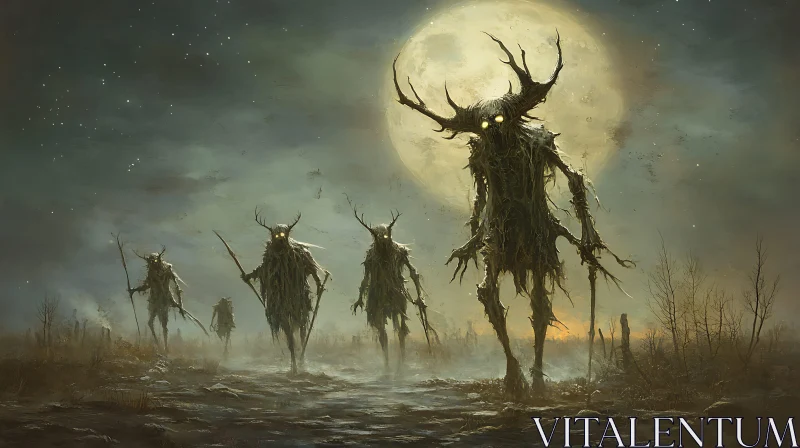 AI ART Night Watchers: Antlered Figures in Mist