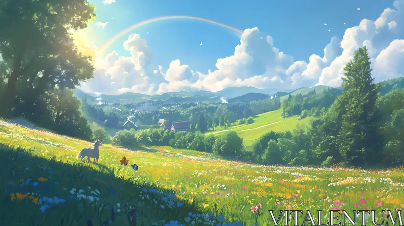 Idyllic Landscape with Rainbow and Horse AI Image