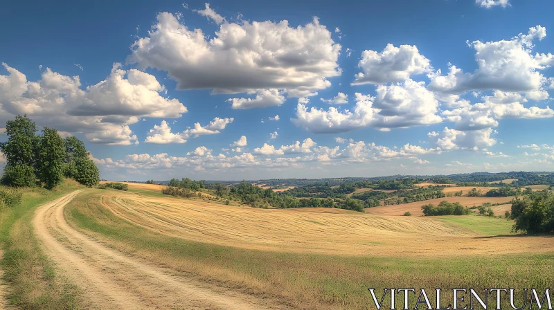 Golden Field Under Cloudy Blue Sky AI Image