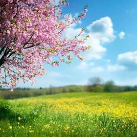 Spring Flower Field with Blossom Tree