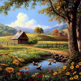 Tranquil Countryside Scene with Cabin and Stream