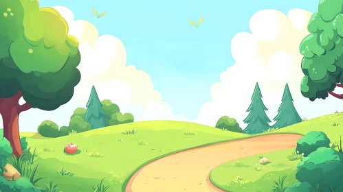 Green Hills and Blue Sky Cartoon Scene