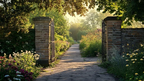 Sunlit Garden Path with Stone Gate