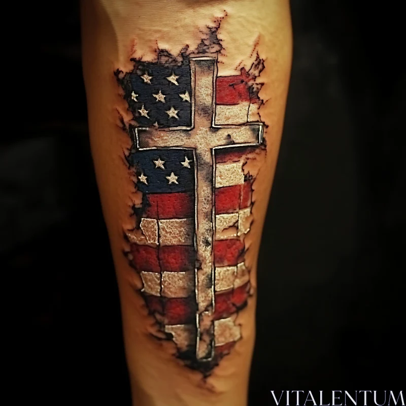 American Flag and Cross Forearm Tattoo Design AI Image