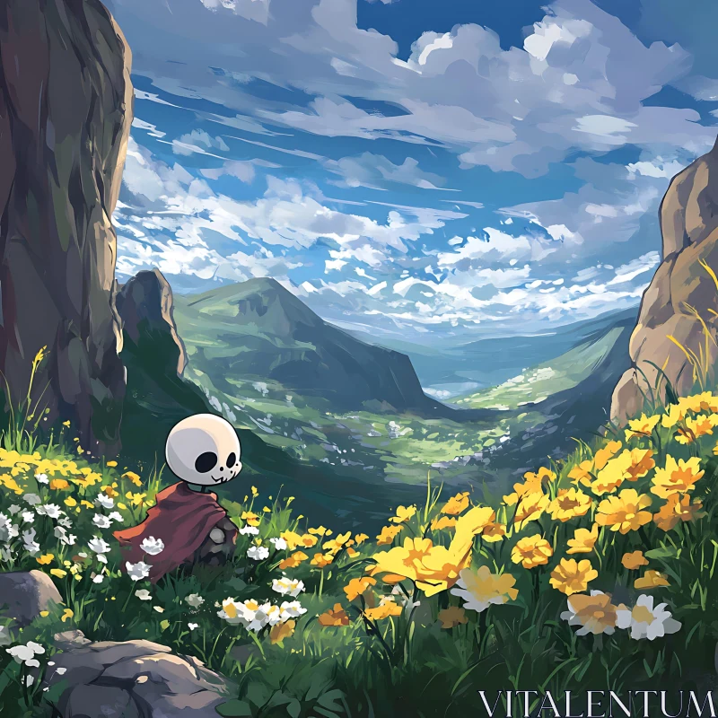 AI ART Cartoon Skull with Flowers and Mountains